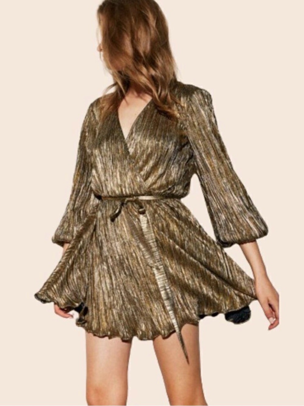 Bardot Belissa Long sleeve Pleat Balloon sleeve v neck mini Dress Gold 4
